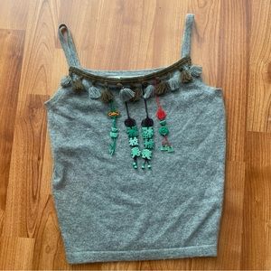 Vintage Fake London Cashmere Tank Top Shell Chinese Asian Beads Tassels Cami
